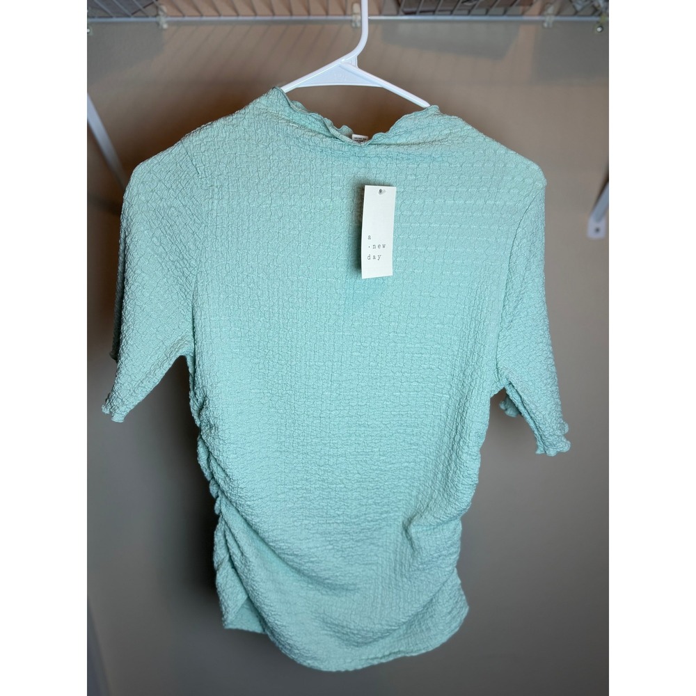 A New Day Womens Mint Green Textured Mock Neck Ruched Short Sleeve Top NWT